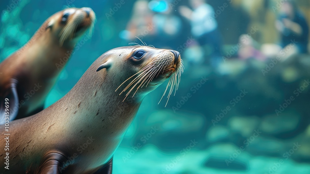 Fototapeta premium Exhilarating sea lion performance enchants families at the zoo s outdoor amphitheater as the agile marine mammals leap dive and splash