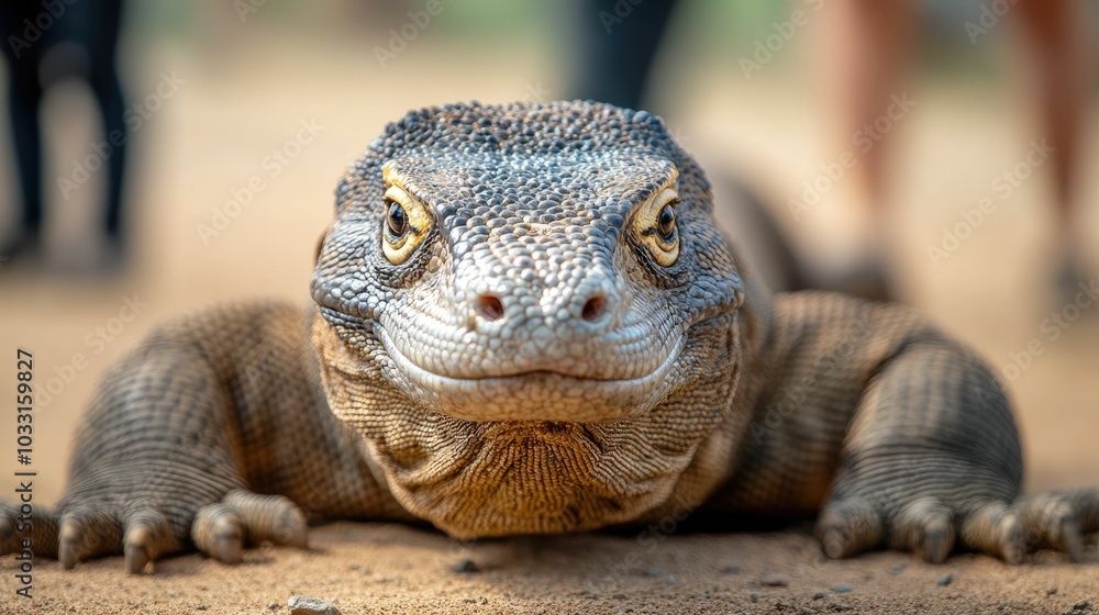 Obraz premium Captivating Close up of a Sunbathing Komodo Dragon in its Enclosure with Visitors Nearby at a Reptile Exhibit or Zoo