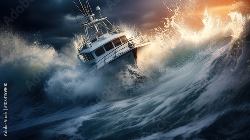 A dramatic scene of a boat navigating through turbulent waters, highlighting the hidden undercurrents beneath the calm surface, with waves and foamy swirls in motion. photo