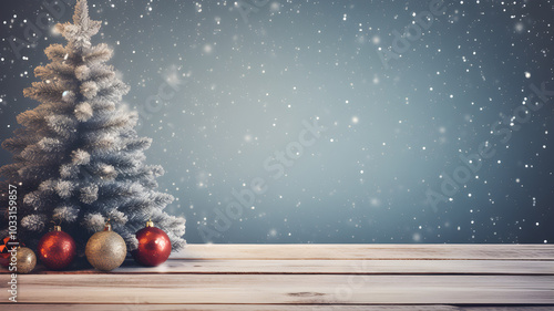 Fototapeta Naklejka Na Ścianę i Meble -  christmas background with gift box fir tree , snow and bauble on wood or wooden bokeh gold background