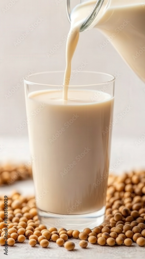 Soy Milk Pouring into Glass with Soybeans. Soy Milk Pouring into Glass with Soybeans.