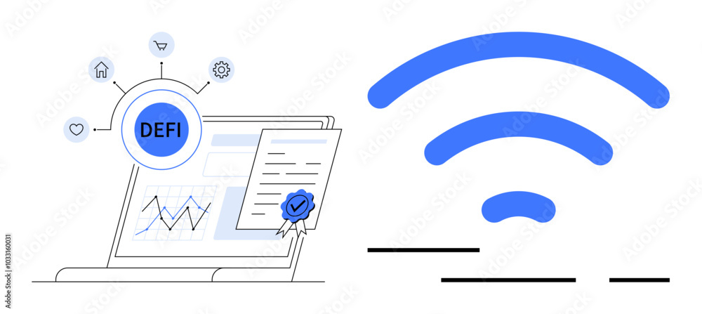 Laptop with DeFi applications, charts, and certificate icons next to blue wireless symbol. Ideal for financial technology, decentralized finance, digital certification, online connectivity, data