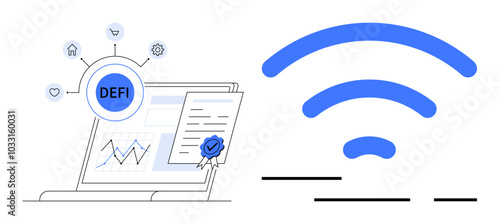 Laptop with DeFi applications, charts, and certificate icons next to blue wireless symbol. Ideal for financial technology, decentralized finance, digital certification, online connectivity, data