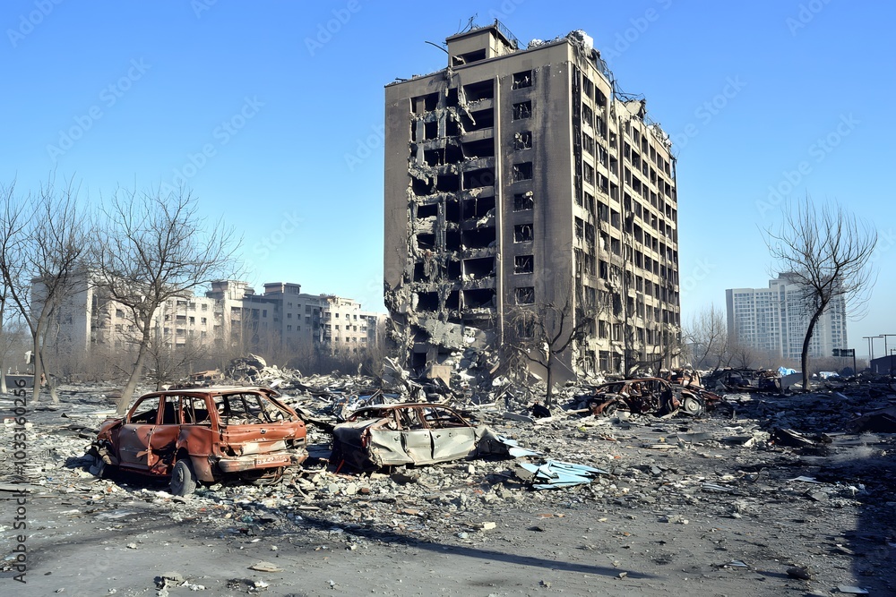 Building and scattered vehicles amidst debris and broken glass. The scene is set against a clear blue sky with no visible clouds. Building and scattered vehicles amidst debris and broken glass. The scene is set against a clear blue sky with no visible clouds.