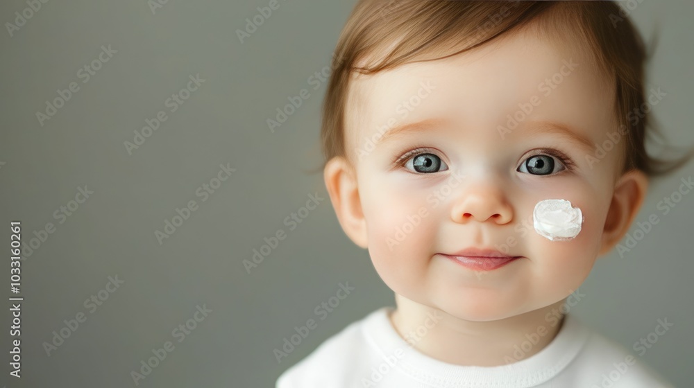 Closeup portrait of a baby with soft smooth and moisturized skin showing a peaceful and calm facial expression Closeup portrait of a baby with soft smooth and moisturized skin showing a peaceful and calm facial expression