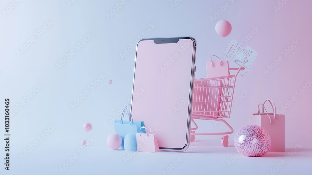 Obraz premium Abstract 3D model of a smartphone with exploding icons of shopping, discounts and digital payment solutions, pastel theme