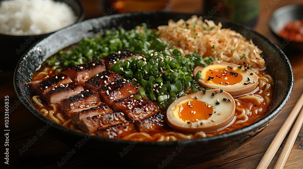 Close-up of a bowl of ramen noodles with pork, egg, green onions, and sesame seeds. Close-up of a bowl of ramen noodles with pork, egg, green onions, and sesame seeds.