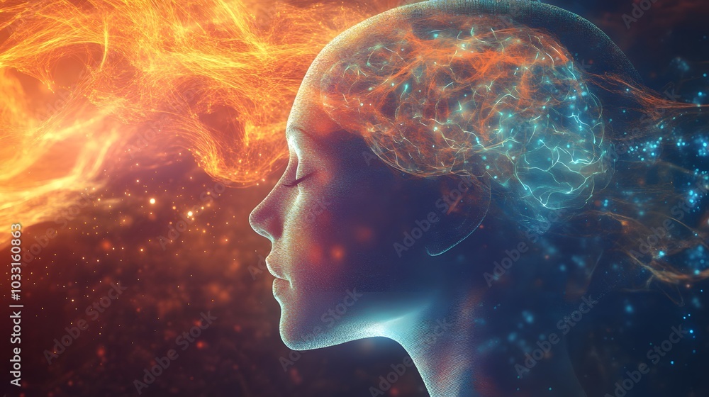 Fototapeta premium Abstract Profile of a Person with a Glowing Brain and Surrounding Energy