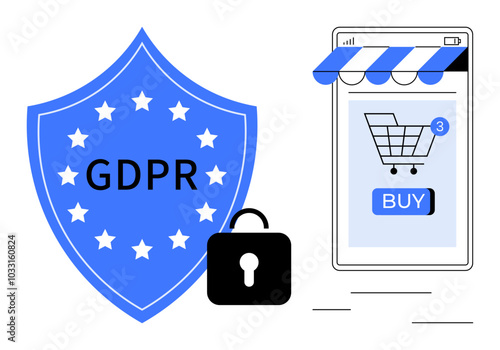 Illustration shows shield with GDPR text plus stars, padlock, and smartphone displaying online shopping cart and buy button. Ideal for data protection, e-commerce, online shopping, cybersecurity