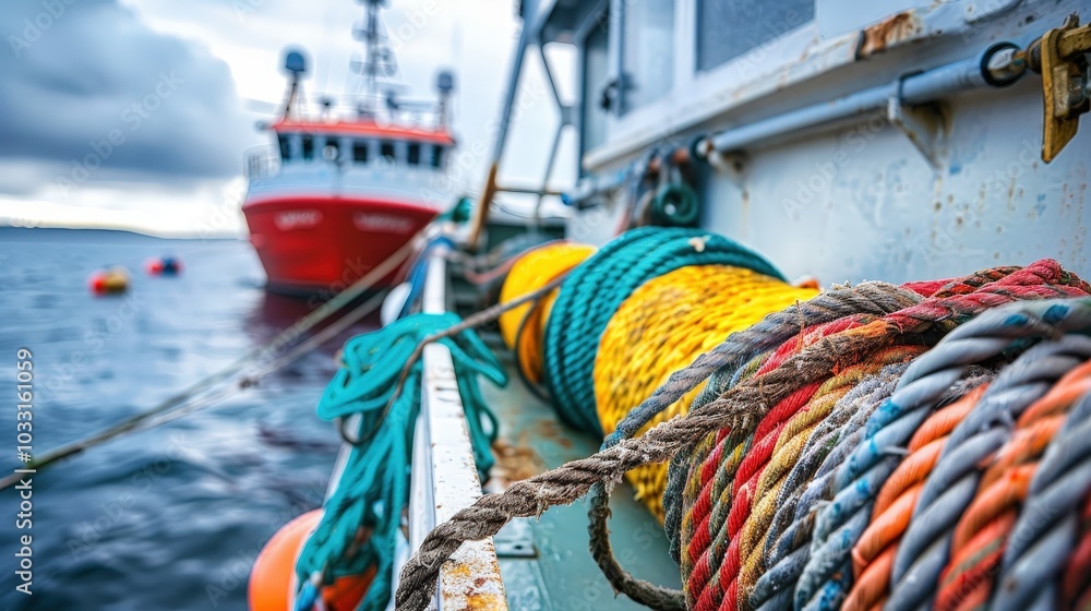 Obraz premium A vibrant collection of fishing gear and a boat floating in tranquil waters beneath the sky.