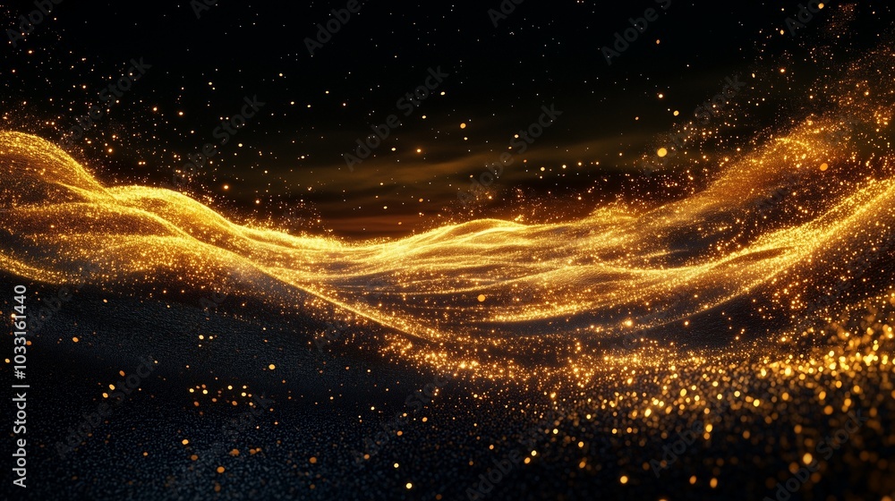 Naklejka premium A cascade of vibrant golden sparks fanning out across the dark horizon, with subtle hints of deep amber tones creating a majestic wave in the night sky.