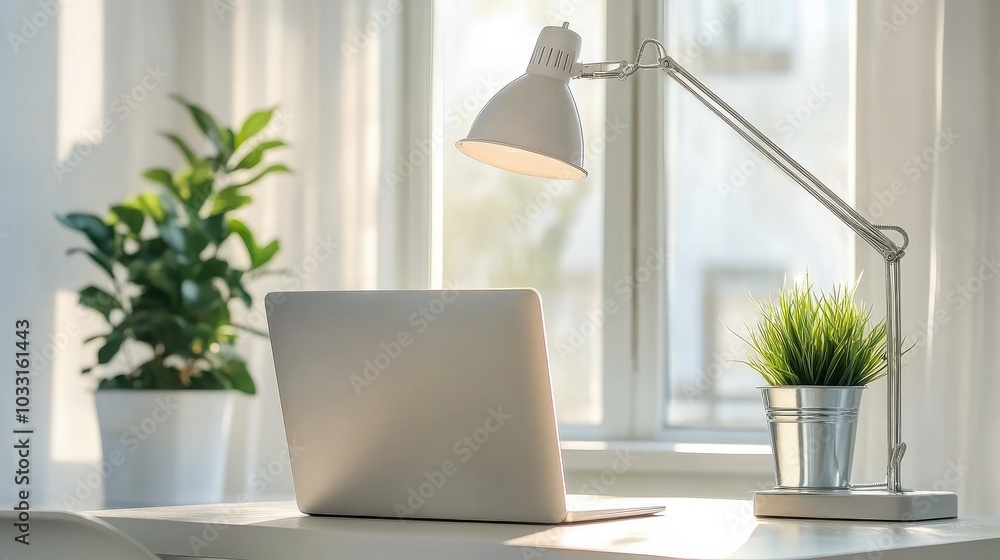 Fototapeta premium Bright Workspace with Laptop and Desk Lamp
