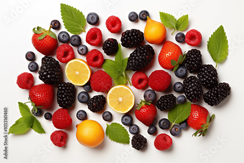 Assortment of different fruits and berries.top view