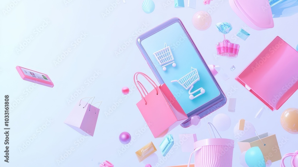 Abstract 3D model of a smartphone with exploding icons of shopping, discounts and digital payment solutions, pastel theme Abstract 3D model of a smartphone with exploding icons of shopping, discounts and digital payment solutions, pastel theme