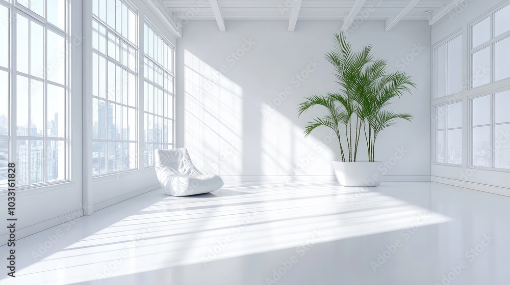 Bright Minimalist Interior with Palm Plant Bright Minimalist Interior with Palm Plant
