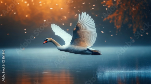 Fototapeta Naklejka Na Ścianę i Meble -  graceful swan takes flight over a tranquil lake