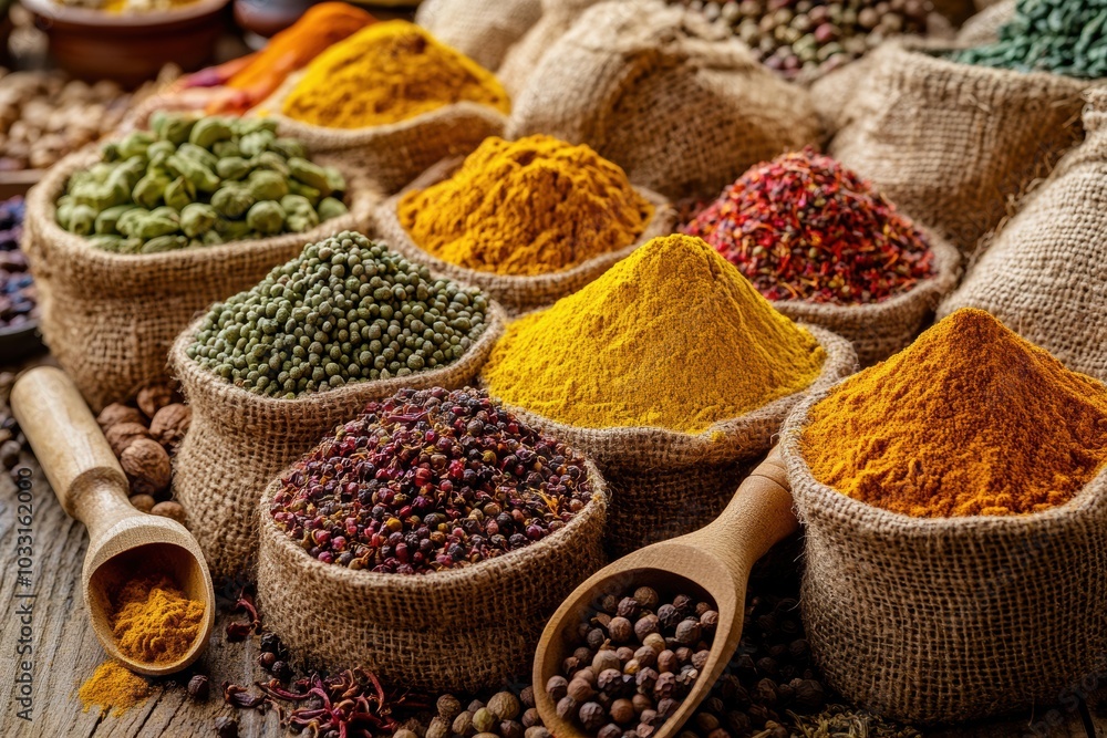 A vibrant, close-up view of a spice market stall with bowls of colorful spices such as turmeric, paprika, cumin, and saffron A vibrant, close-up view of a spice market stall with bowls of colorful spices such as turmeric, paprika, cumin, and saffron
