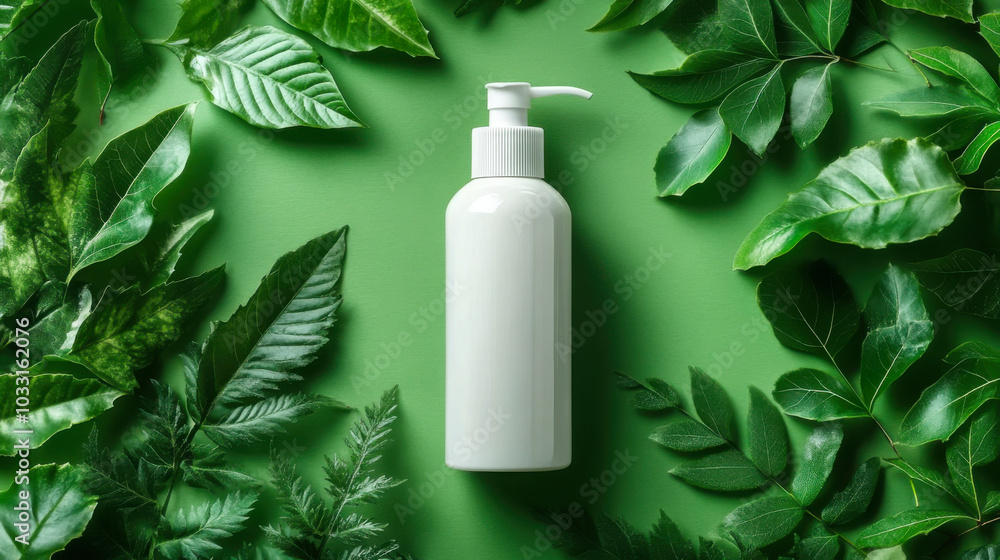 Mockup cosmetics bottle with dispenser. White plastic cream container and green monstera leaves Mockup cosmetics bottle with dispenser. White plastic cream container and green monstera leaves