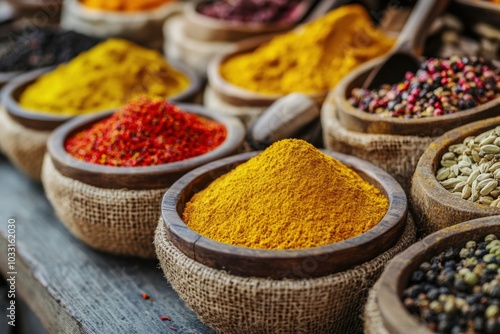 A vibrant, close-up view of a spice market stall with bowls of colorful spices such as turmeric, paprika, cumin, and saffron