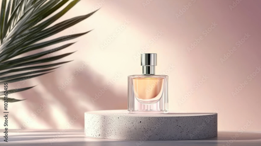 Elegant perfume bottle displayed on a pedestal with soft lighting Elegant perfume bottle displayed on a pedestal with soft lighting