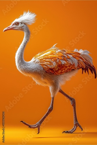 Struthiomimus sprinting across open plains isolated with a soft orange background. photo