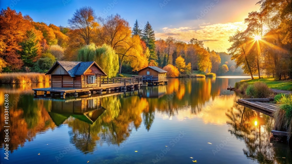Serene Fishing Lake with Piers and Huts on a Sunny Autumn Day - Perfect for Nature Lovers Serene Fishing Lake with Piers and Huts on a Sunny Autumn Day - Perfect for Nature Lovers