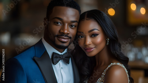 Stunning Black Couple in Their Mid-20s Dressed in Professional Attire, Radiating Confidence and Elegance, Perfect for Showcasing Modern Love and Professionalism in a Contemporary Setting. 