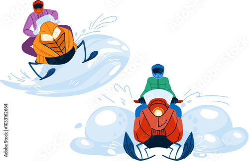 powder snowmobiling vector. adventure winter, sled speed, engine helmet powder snowmobiling character. people flat cartoon illustration
