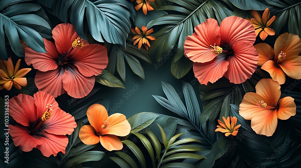 Lush tropical foliage with vibrant red and orange hibiscus flowers arranged in a frame against a dark green background. Lush tropical foliage with vibrant red and orange hibiscus flowers arranged in a frame against a dark green background.