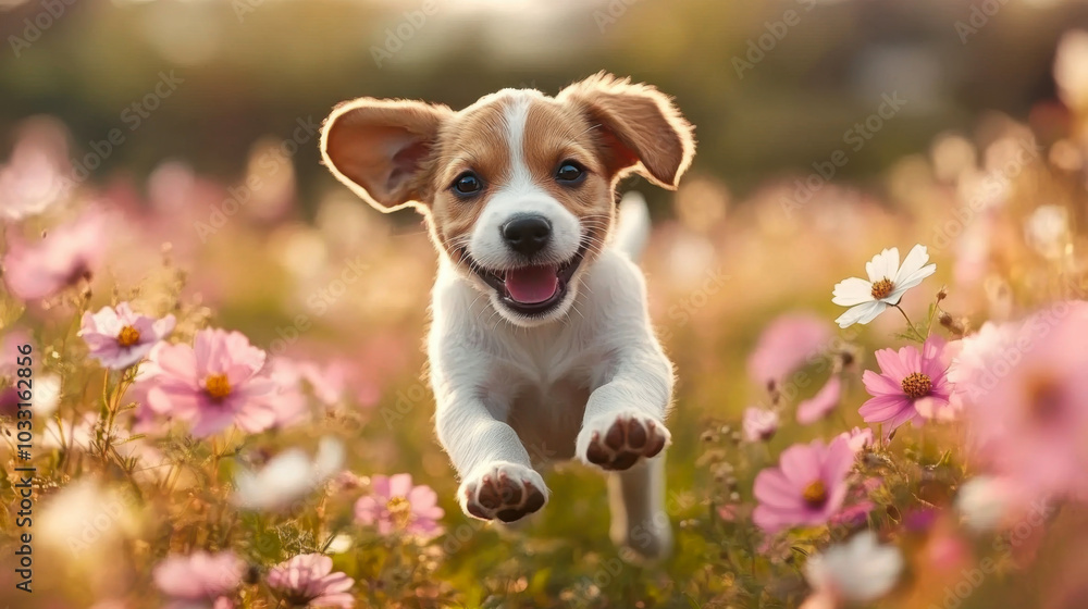 Happy dog running in a blossoming flower meadow on sunny day Happy dog running in a blossoming flower meadow on sunny day