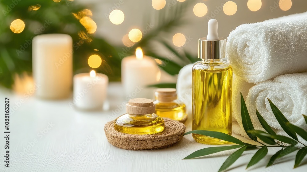 Relaxing Spa Setup with Oils and Soft Towels Relaxing Spa Setup with Oils and Soft Towels