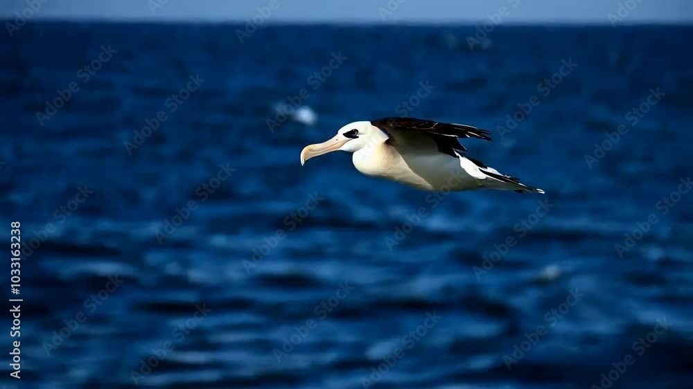 Albatross gliding effortlessly above the rolling waves of the open ocean Albatross gliding effortlessly above the rolling waves of the open ocean