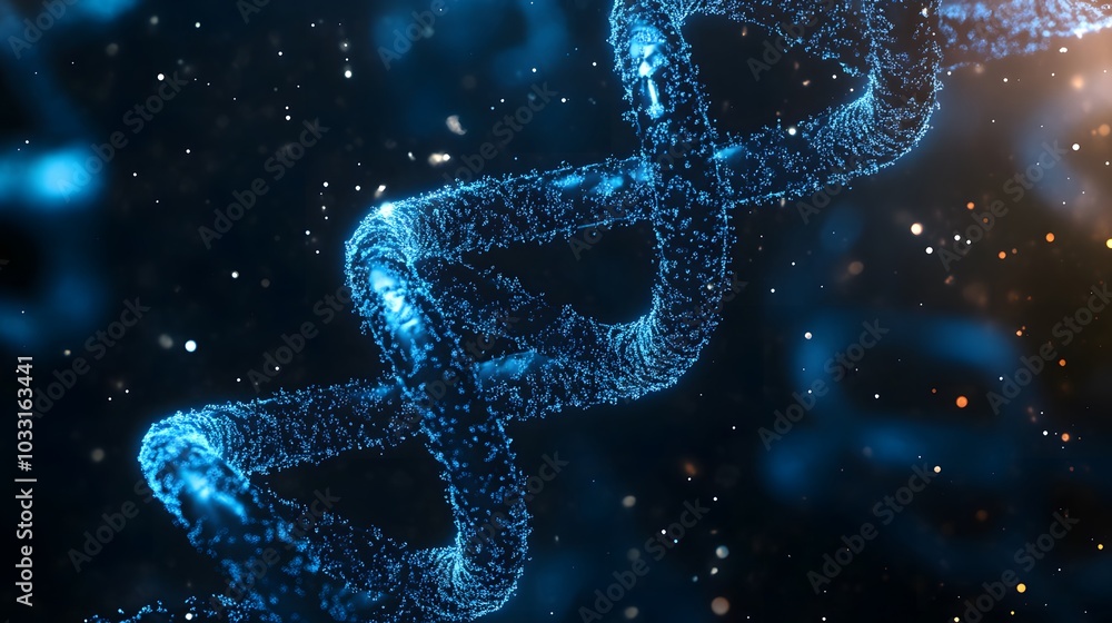 A Blue and Glowing DNA Double Helix Constructed of Tiny Particles A Blue and Glowing DNA Double Helix Constructed of Tiny Particles