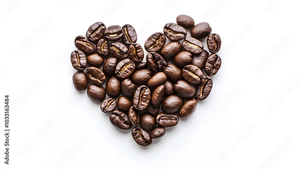 Heart shape of roasted coffee beans isolated on a white background. Heart shape of roasted coffee beans isolated on a white background.