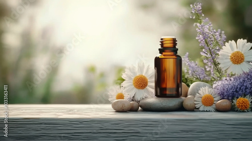 essential oil bottle and stones and fresh flowers