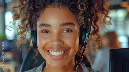 Smiling customer service representative in a contemporary call center photo