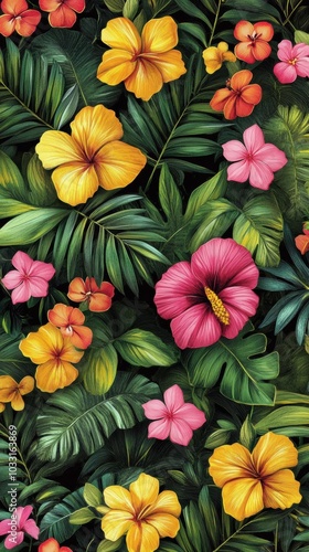 Wallpaper Mural A vibrant floral pattern featuring hand-drawn tropical flowers and leaves, with bright yellows, pinks, and greens on a dark background Torontodigital.ca