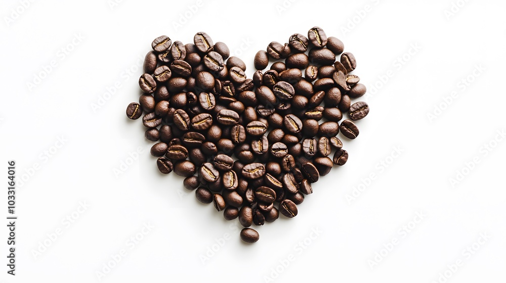 Heart shape of roasted coffee beans isolated on a white background. Heart shape of roasted coffee beans isolated on a white background.