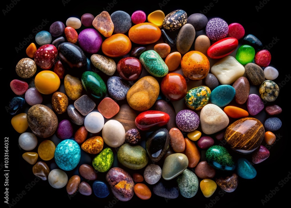 Fototapeta premium Silhouette of Varied Pebbles and Stones on Black Background - Geology and Earth Science Concept