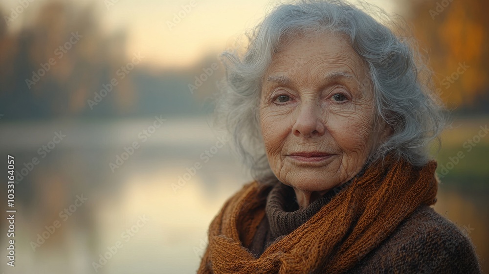 Elderly woman with gray hair and a warm scarf gazes thoughtfully by a serene lake in autumn during sunset Elderly woman with gray hair and a warm scarf gazes thoughtfully by a serene lake in autumn during sunset