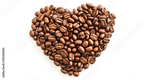 Heart shape of roasted coffee beans isolated on a white background.