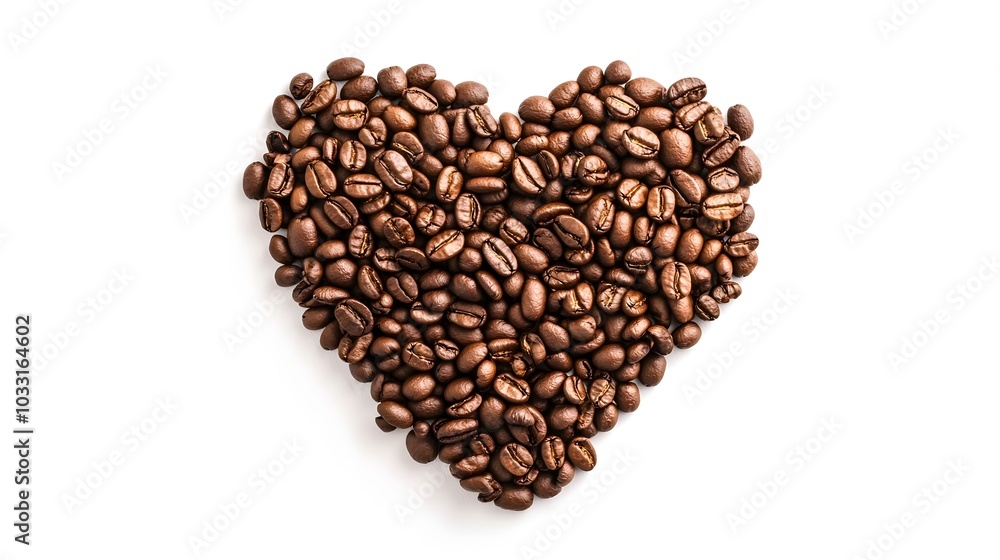 Heart shape of roasted coffee beans isolated on a white background. Heart shape of roasted coffee beans isolated on a white background.