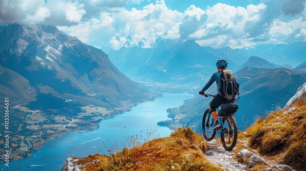 Fototapeta premium Daring Mountain Biker Conquering a Scenic Ridge with Breathtaking Views of Glimmering Waters