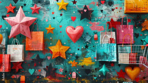 A collage of stars, shopping bags, shopping carts
