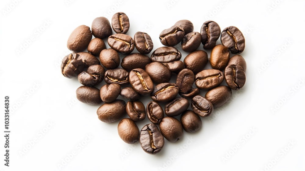 Heart shape of roasted coffee beans isolated on a white background. Heart shape of roasted coffee beans isolated on a white background.
