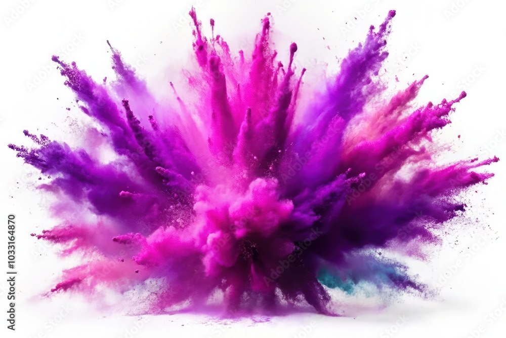 Obraz premium Bright Purple Paint Color Powder Explosion: Festive Burst Isolated on White Background