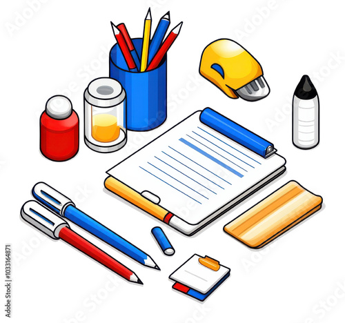 Stationery items on a workspace, white isolate background photo