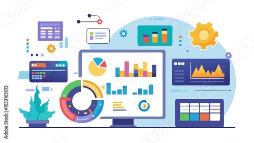 The image contains a desktop computer with a screen displaying various colorful data charts and graphs, surrounded by other data visualizations and icons.