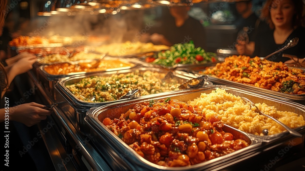 A vibrant buffet featuring various dishes, showcasing a variety of cuisines and colors. A vibrant buffet featuring various dishes, showcasing a variety of cuisines and colors.