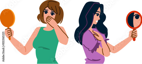 vulnerability woman mirror fear vector. perception appearance, scrutiny self-esteem, identity distortion vulnerability woman mirror fear character. people flat cartoon illustration